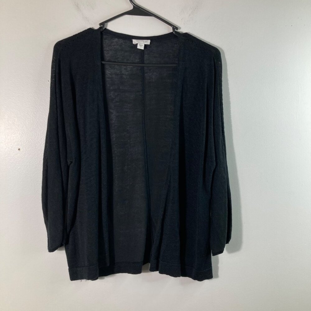 Womens J Jill Linen Blend Open Cardigan 1/2 Sleeve Black M Linen Rayon Cotton